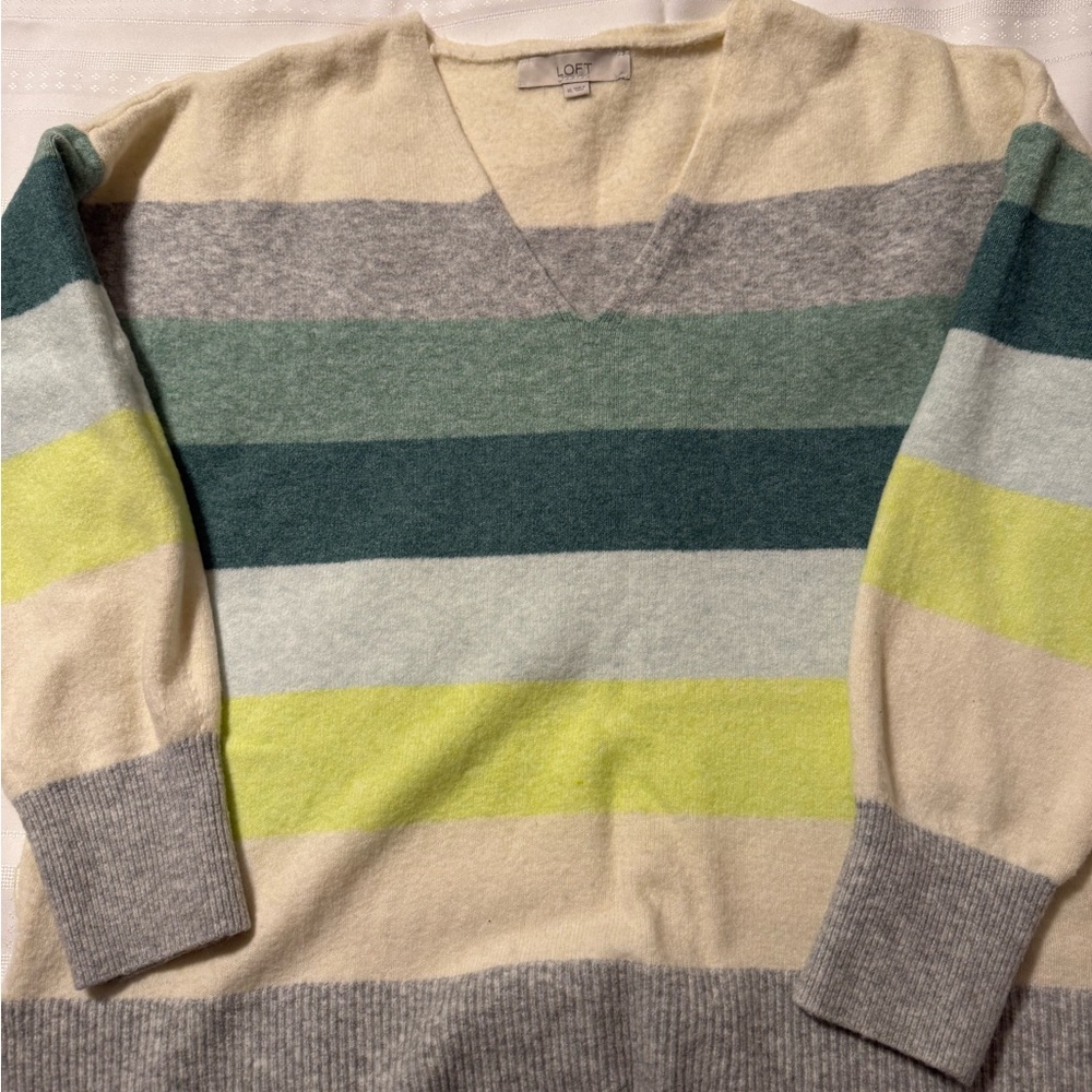 LOFT V-Neck Sweater with Stripes in Cream, Gray, Green, and Yellow
